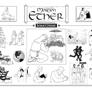 Può includere: Illustrazioni in bianco e nero da Il Libro di Mormon: Ether. Il titolo è visualizzato in un banner decorativo. Varie scene raffigurano figure, paesaggi ed estratti di testo. Le immagini sono in stile fumetto.