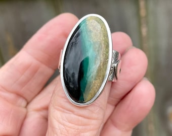 Blue Opal Wood Ring with Spinel accent stones in Sterling Silver. Statement Ring 8.75 -9