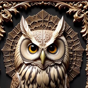 May include: A detailed, three-dimensional carving of an owl perched on a branch, framed in a gold ornate frame. The owl is carved in a light brown color with black markings, and has large, round, yellow eyes.