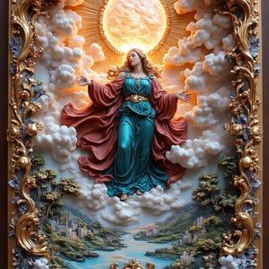 May include: A woman in a blue and red robe stands on clouds with a halo above her head. The background is a landscape with a river and a city in the distance. The image is framed in gold.