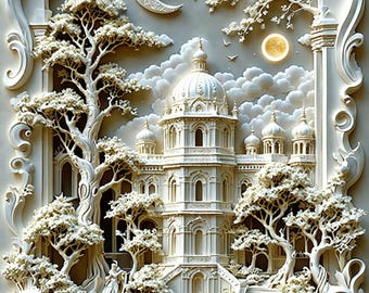 May include: A white, intricate, 3D paper carving of a castle with a moon and stars in the sky. The castle is surrounded by trees and a waterfall.