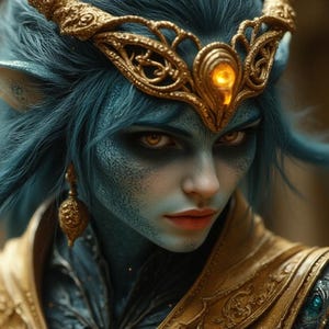 May include: A fantasy portrait of a blue-skinned humanoid with pointed ears, wearing a gold crown and ornate shoulder armor. The figure has blue hair and golden eyes, with a serious expression. The image has a detailed, artistic style.