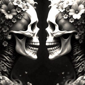 Duas caveiras olhando uma para a outra com flores.