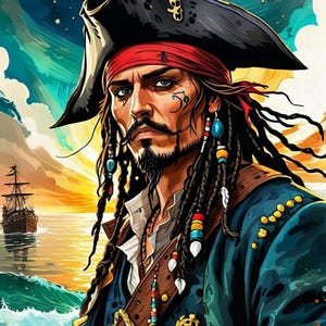 May include: A digital illustration of a pirate with long dreadlocks, wearing a black tricorn hat with a skull and crossbones, a red bandana, and a blue jacket with gold accents. The pirate has a beard and mustache, and is looking directly at the viewer. The background is a sunset over the ocean.