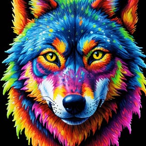 May include: A colorful wolf head with a rainbow of colors, including blue, green, yellow, orange, red, and purple. The wolf's eyes are bright yellow, and its fur is painted with a splatter effect.