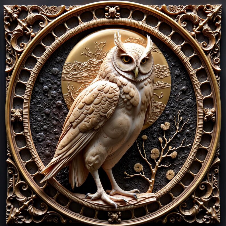 May include: A detailed carving of an owl in a gold frame. The owl is carved in a light brown color and has a detailed feather pattern. The frame is ornate and has a dark brown finish.