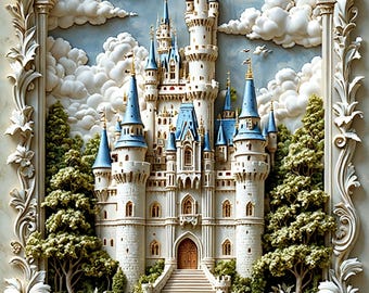 May include: A white castle with blue towers and a waterfall in front of it. The castle is surrounded by green trees and clouds. The image is framed with ornate white trim.