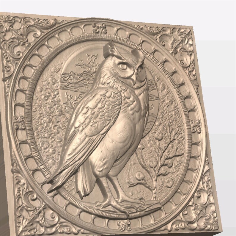 May include: A detailed, carved wooden plaque featuring an owl in a circular frame with ornate details. The owl is depicted in a realistic style with intricate feathers and a sharp gaze.