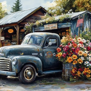 May include: A vintage green pickup truck parked in front of a rustic wooden building with a sign that reads "The Old Town General Store". The truck has a faded red and white sign on the side that says "General Merchandise". There are colorful flowers in bloom in front of the building.