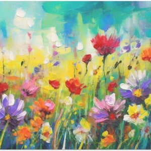 May include: A colorful abstract painting of a field of wildflowers in shades of pink, purple, red, yellow, and blue. The flowers are painted with thick brushstrokes and the background is a soft, blurry green.