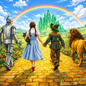 May include: Illustration of characters from The Wizard of Oz walking on a yellow brick road towards the Emerald City. The group includes Dorothy, the Tin Man, the Scarecrow, and the Cowardly Lion, under a rainbow.