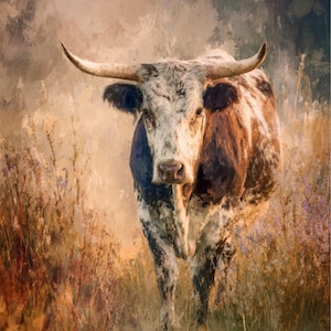 May include: A painting of a longhorn bull with large horns, standing in a field of tall grass and wildflowers. The bull has a white and brown spotted coat. The artwork has a rustic, vintage feel.