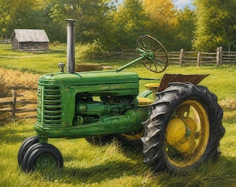 May include: A vintage green John Deere tractor with a tall vertical exhaust pipe, a large steering wheel, and yellow wheels with black treaded tires. The tractor is positioned in a grassy field with a wooden fence and a small barn in the distance.