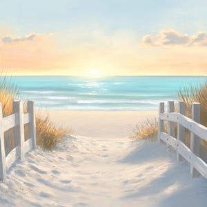 May include: A serene beach scene painting. A white picket fence frames a sandy path leading to the ocean. The sky transitions from a soft orange to a light blue, with the sun setting over the turquoise water.