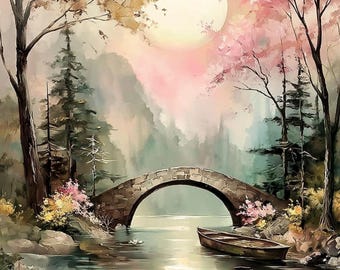 Tranquil Blossom Bridge Decoupage Paper (Customizable Sizes Available)