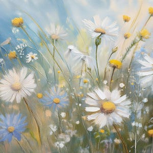 May include: A painting of a field of white daisies with blue flowers in the foreground. The daisies are in various stages of bloom, with some fully open and others still in bud. The background is a soft blue and white, creating a dreamy atmosphere.