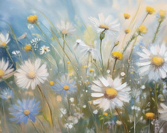 May include: A painting of a field of white daisies with blue flowers in the foreground. The daisies are in various stages of bloom, with some fully open and others still in bud. The background is a soft blue and white, creating a dreamy atmosphere.