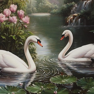 May include: Two white swans swimming in a pond with lily pads and pink flowers. The swans are facing each other and have their necks curved.