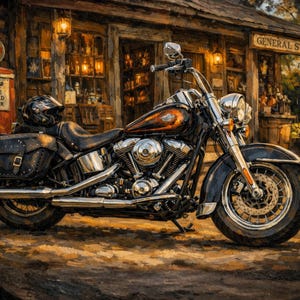 May include: A detailed painting of a black and orange motorcycle parked in front of a general store. The motorcycle has chrome accents and leather saddlebags. A helmet rests on the seat. The store has a Coca-Cola sign and the words "General Store" on a sign.