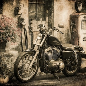 May include: A vintage black motorcycle with chrome accents is parked next to an old gas pump. The motorcycle has a classic design with a round headlight and a comfortable seat. The scene is set in front of a weathered building with a flower pot.