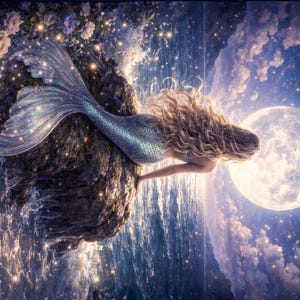 Puede incluir: Ilustraci&oacute;n fant&aacute;stica de una sirena con largo cabello rubio y una cola azul brillante, descansando sobre un afloramiento rocoso. La escena se desarrolla sobre un fondo de luna llena, cielo estrellado y olas del oc&eacute;ano.