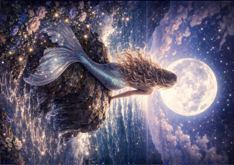 Puede incluir: Ilustraci&oacute;n fant&aacute;stica de una sirena con largo cabello rubio y una cola azul brillante, descansando sobre un afloramiento rocoso. La escena se desarrolla sobre un fondo de luna llena, cielo estrellado y olas del oc&eacute;ano.