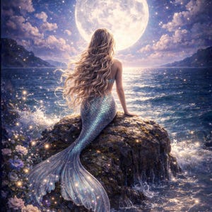Puede incluir: Ilustraci&oacute;n digital de una sirena sentada en una roca, mirando la luna llena sobre el oc&eacute;ano. La sirena tiene cabello rubio largo y una cola plateada brillante. La escena nocturna incluye estrellas y olas.