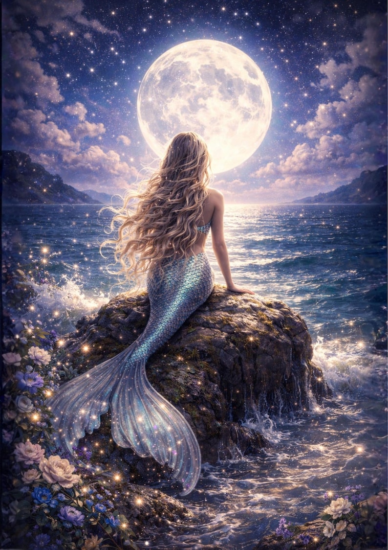 Puede incluir: Ilustraci&oacute;n digital de una sirena sentada en una roca, mirando la luna llena sobre el oc&eacute;ano. La sirena tiene cabello rubio largo y una cola plateada brillante. La escena nocturna incluye estrellas y olas.