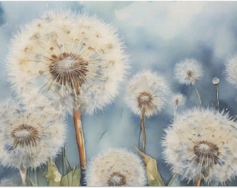 May include: Watercolor painting of several white dandelion seed heads against a blue background.