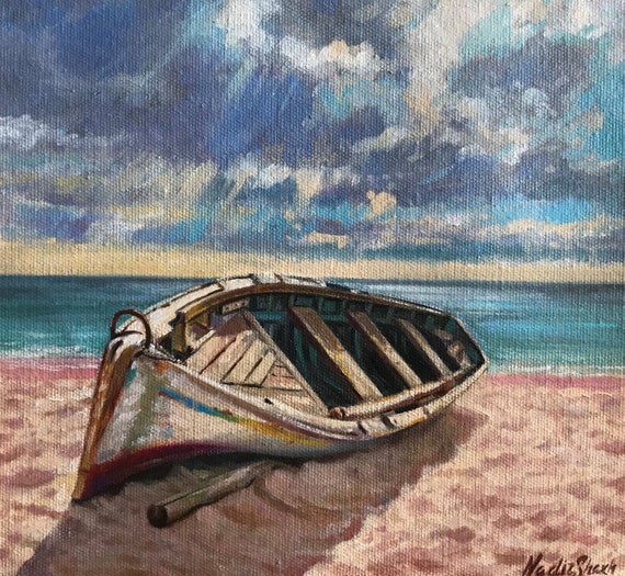 モーリシャスの海辺の油絵プリント、難破船、署名入り（デジタル