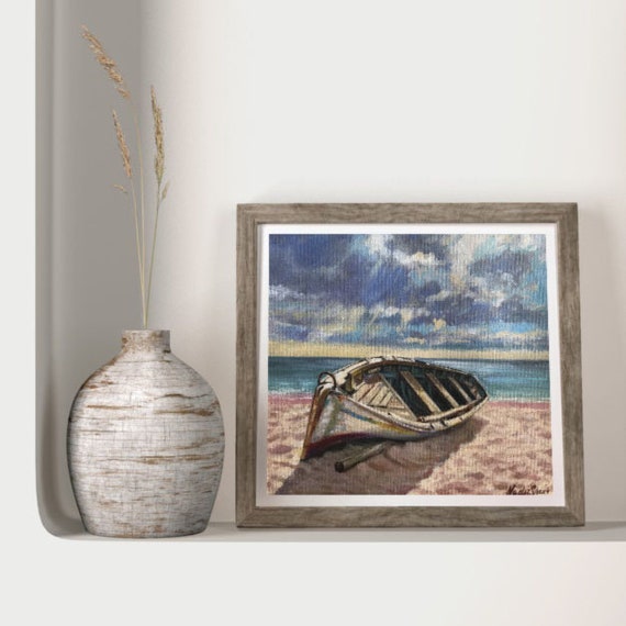 モーリシャスの海辺の油絵プリント、難破船、署名入り（デジタル