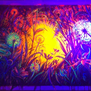 Sunrise of Nature Painting with glowing paints,Digital Painting in daylight and ultraviolet light, Awakening of nature,UV painting on canvas