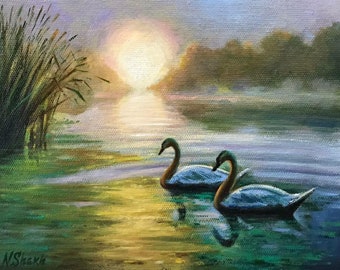 油絵 油彩 油彩画 絵 絵画 【白黒風景のハクチョウ池】 湖の上の白鳥 ミニチュア絵画 オリジナル油絵キャンバス インパスト