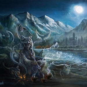Shaman Original Oil Painting, Meditation of Shaman with Animals, Animal Spirit Art, North America Indians in Mountains, River Landscapes