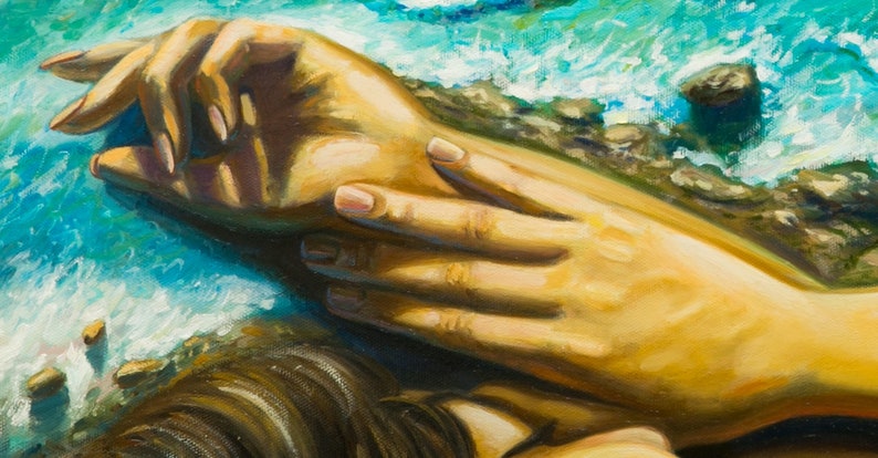 Sleeping Nude Girl on the Shoreline, Landscape and Erotica, Nude Art