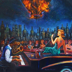 Jazz night,Jazz concert,Surrealism Jazz Art,Night City,Jazz Singer,Jazz Pianist,Didital Jazz Oil Painting,Music Concert,Jazz Art,Double bass