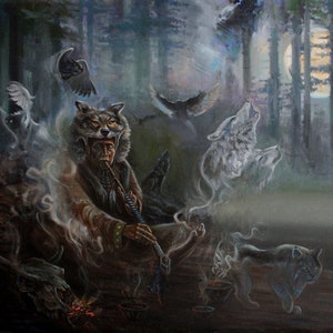 Shaman Oil Painting, Meditation of Shaman with Animals, Animal Spirit Digital Art, Original Painting Print, North America Indians Art