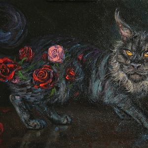 Black Cat Painting with Roses, Surrealism Artwork, Cat Art, Animal Painting Print, Pet Portrait Painting, Cat Painting Art, Black Cat Art