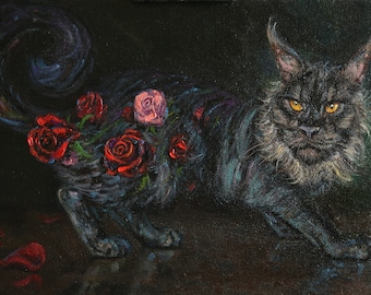 Black Cat with Roses Surrealism Art Print (Digital Download)