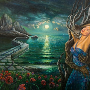 Man and Woman Embrace, Romantic Painting, Night Landscape, Oil Painting Print, Digital Art, Fantasy Moonlight Sea  Artwork, Mountains Art