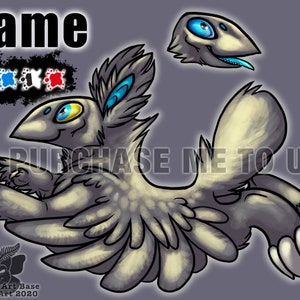 May include: A digital illustration of a gray, feathered creature with blue eyes and a yellow beak. The creature has multiple arms and legs, and is shown in various poses. The text "Name" and "PURCHASE ME TO USE ME" are also visible in the image.