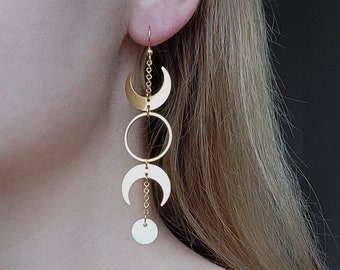 Gold Hecate Moon Earrings honoring the Triple Goddess, Witchy Pagan Moon Phase Jewelry