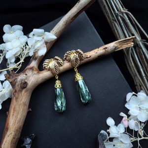 OOAK Golden Leaf Earrings with Seraphinite, Fantasy, Pagan, Shieldmaiden, Ancient Nature Goddess Earrings, Byzantine Style, Elven Jewelry