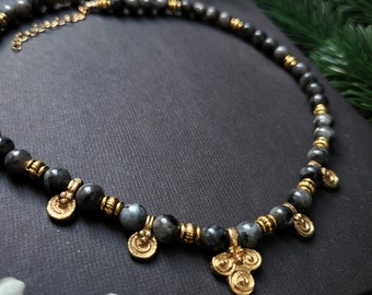 Ancient Viking Necklace with Black Labradorite Beads, Pagan Goddess, Witch, Viking Jewelry, Shieldmaiden, Lagertha, Freya, Byzantine Jewelry