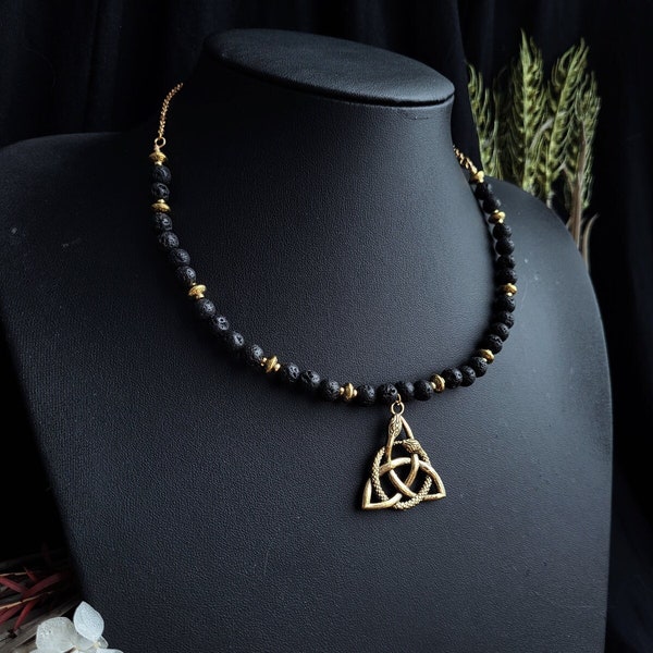 Ancient Celtic Necklace with Black Lava Beads, Pagan Witch Viking Jewelry Shieldmaiden Wicca Fantasy Vikings Freya Byzantine Jewelry Antique