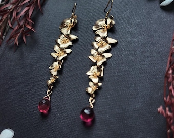 Persephone Earrings with Red Rubellite / Tourmaline, Greek Goddess of Spring, Nature Jewelry, Greek Mythology Earrings, Flower Maiden