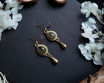 Ancient Earrings with Labradorite, Viking Jewelry, Witch, Pagan, Fantasy, Lagertha Earrings, Shieldmaiden, Valkyrie, Raw Brass Jewelry