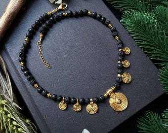 Ancient Viking Necklace with Black Lava, Viking Jewelry, Freya, Pagan Goddess, Ancient Norse Jewelry, Statement Necklace, Shaman, Witch