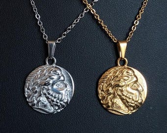 Greek God Zeus Coin Necklace, Ancient Greek Mythology, Stainless Steel Jewelry