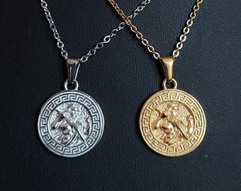 Greek God Zeus Coin Necklace, Ancient Greek Mythology, Stainless Steel Jewelry